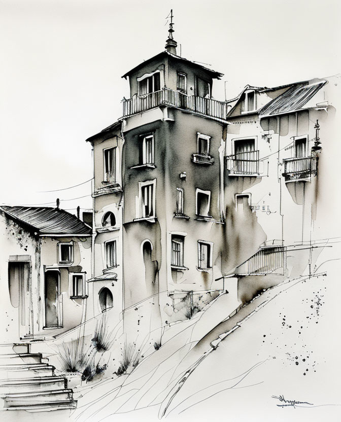 Detailed ink and wash illustration of a charming, multi-storied building