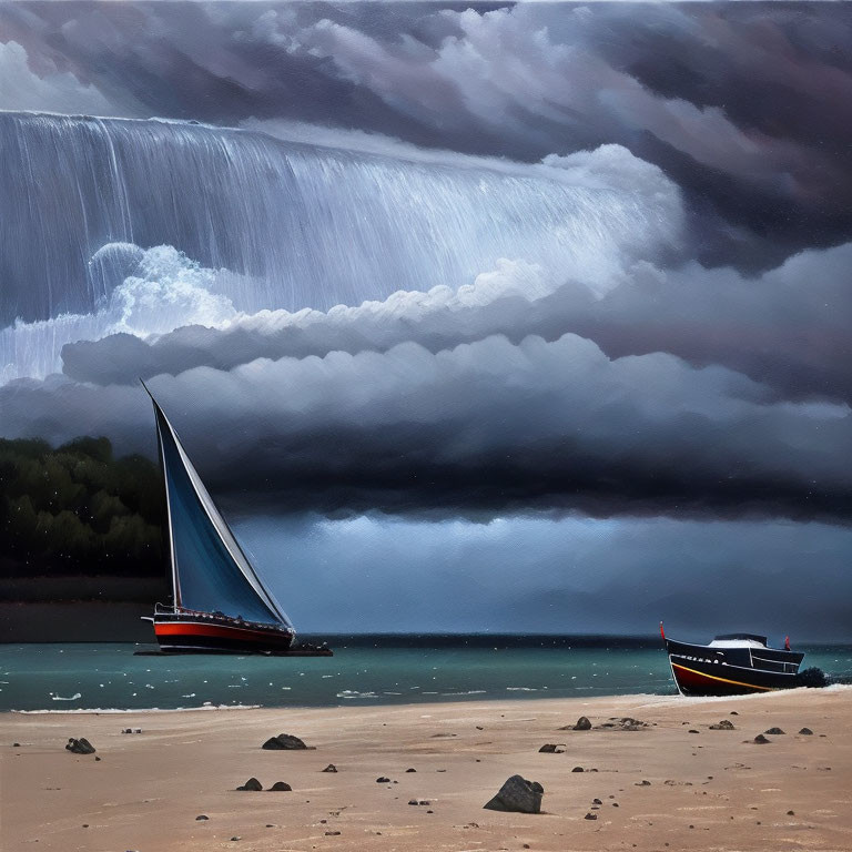 Tranquil beach with sailboat, dramatic sky, and waterfall