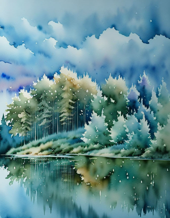 Serene forest watercolor painting with trees, lake, and raindrops