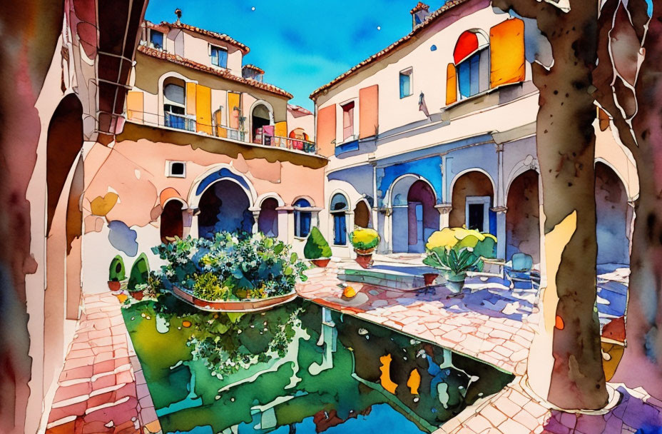Vibrant Watercolor Painting of Colorful Courtyard with Classical Architecture and Canal