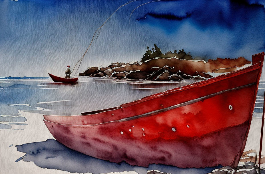 Watercolor painting of red boat and fisherman in serene waters