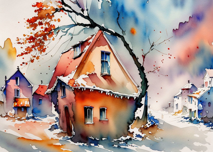 Colorful watercolor painting of snow-covered street scene