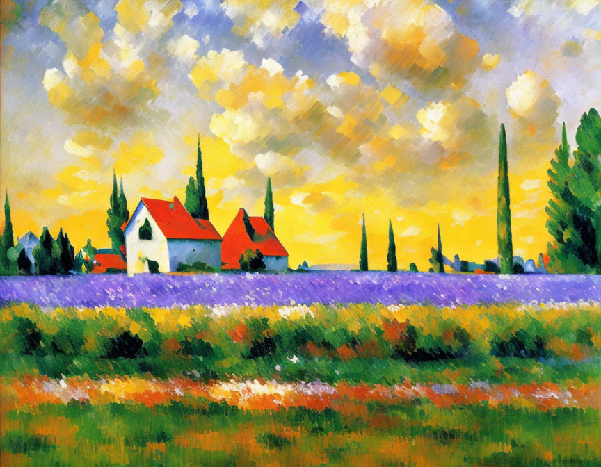 Vibrant Impressionist Landscape with Purple Flowers and Red-roofed Houses