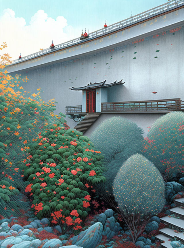 Traditional Asian gate and bridge in lush garden with vibrant foliage and trees against grey wall