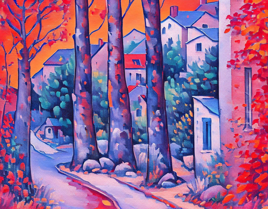 Autumn village painting with fiery trees and winding path