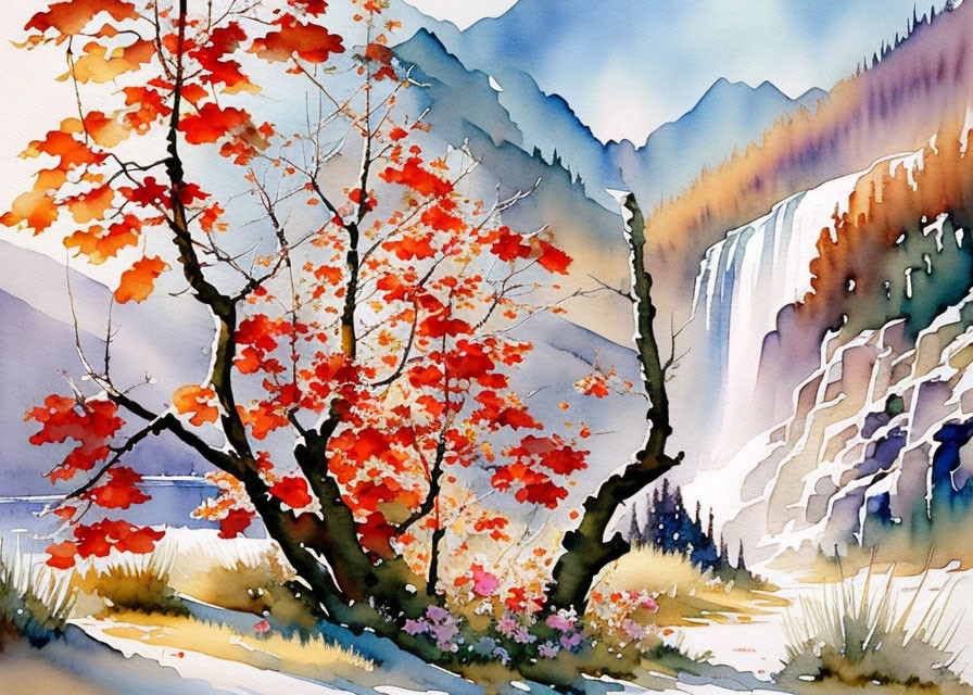 Colorful watercolor painting of red autumn tree and waterfall against blue mountains