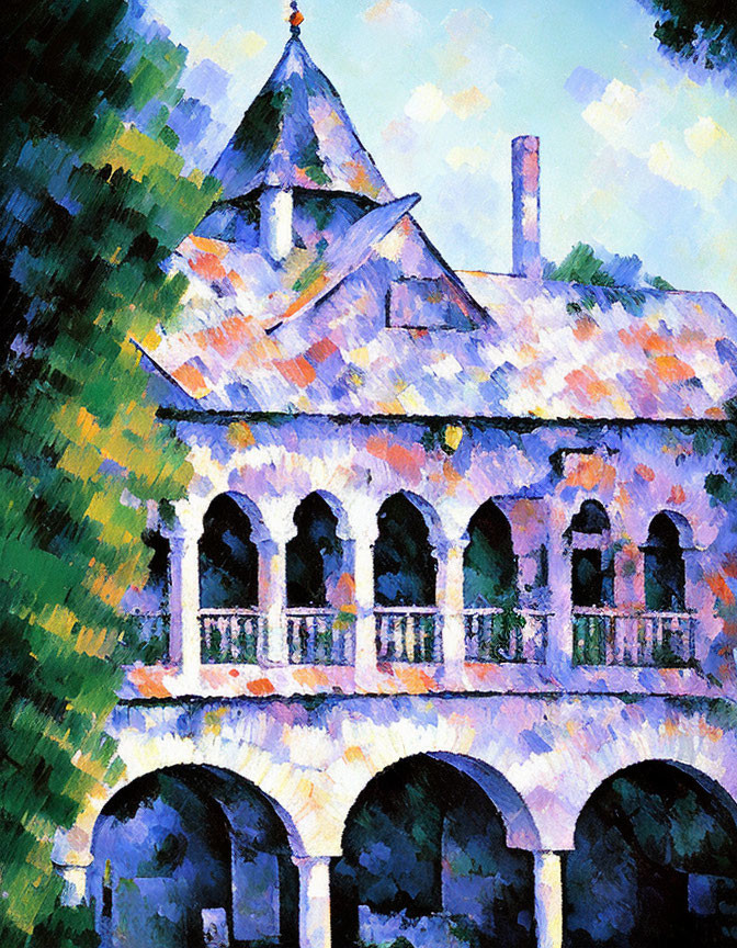 Building with Pointed Roof and Arched Balcony in Impressionist Style