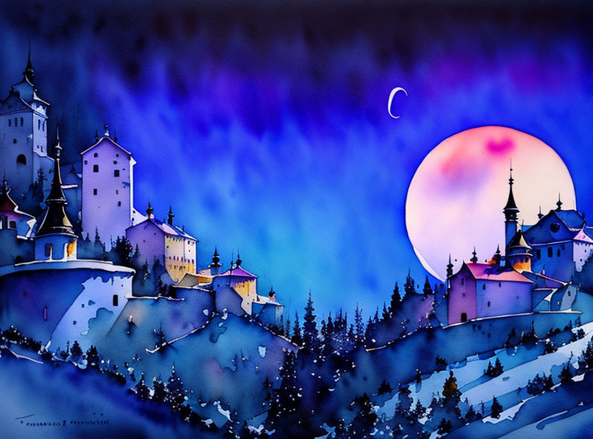 Snowy village with castles: Watercolor painting of a quaint, vibrant scene under a crescent