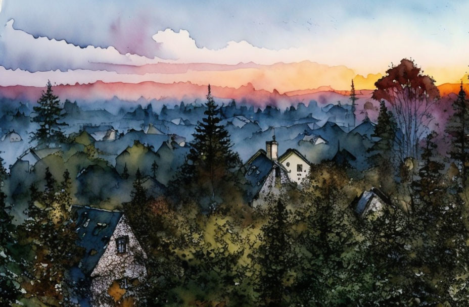 Misty morning watercolor painting of pink and purple skies over village.