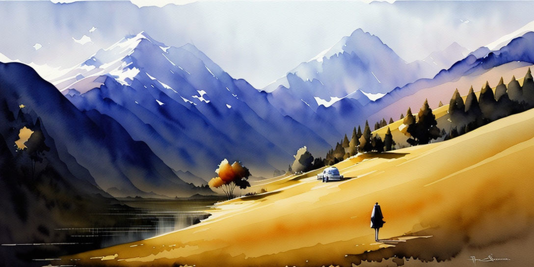 Person walking towards house with mountains, lake, and forest under golden sky