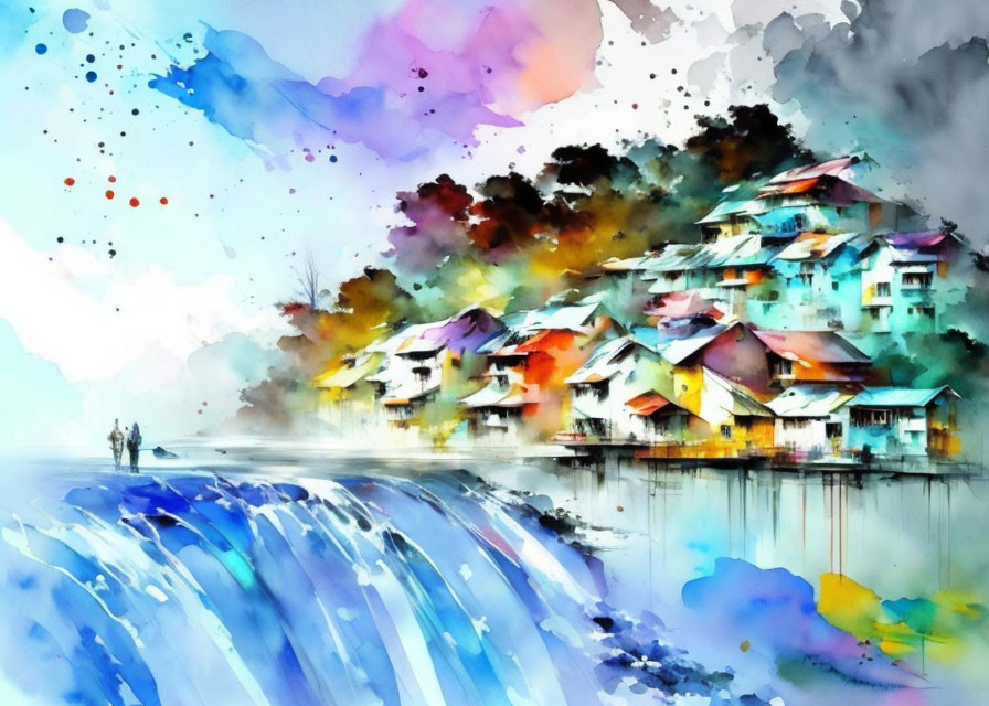 Colorful Watercolor Painting: Row of Houses by Water with Boat