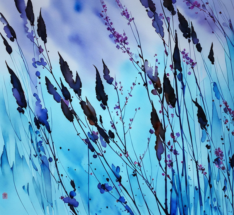 Abstract watercolor painting: tall dark plants, blue and purple flowers on soft blue gradient