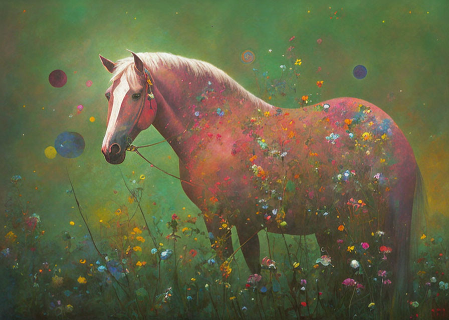 Transparent horse with flower-filled body on mystical green background