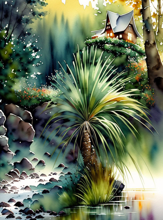 Lush garden watercolor illustration with palm plant, pond, and forested backdrop