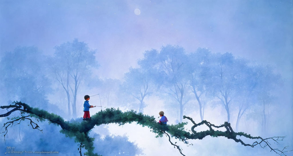 Children fishing on whimsical tree branch in serene moonlit landscape