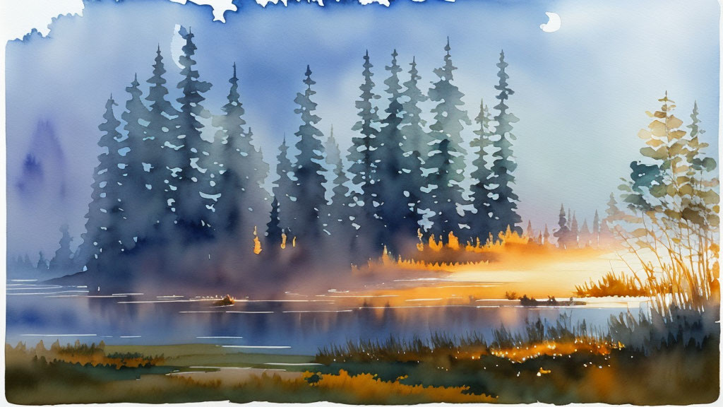 Tranquil watercolor landscape: misty forest, serene lake, crescent moon.