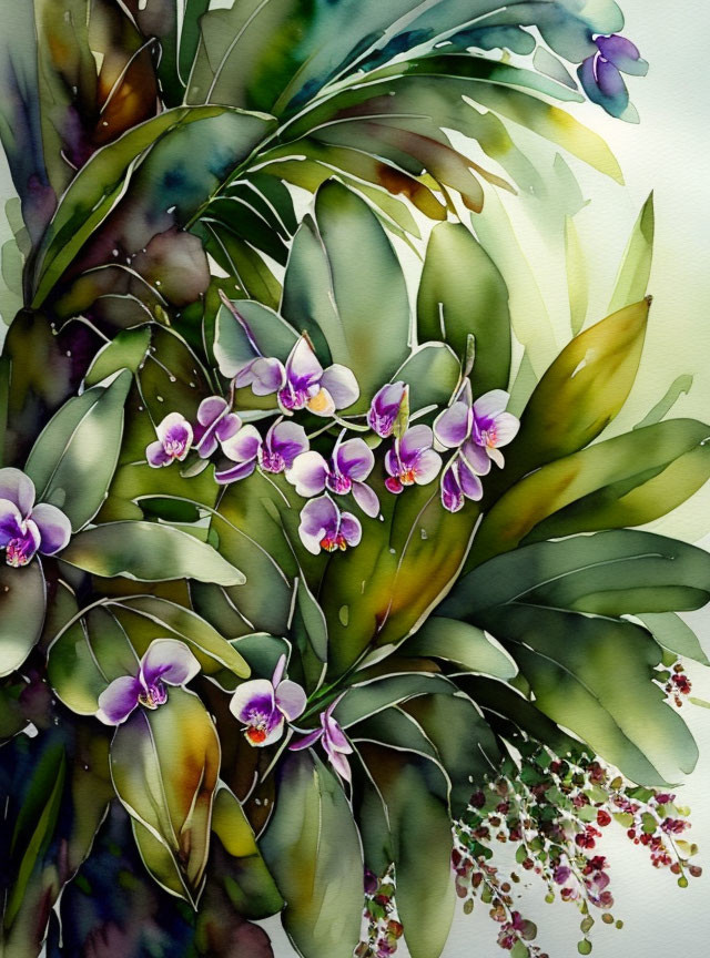 Botanical watercolor painting of vibrant purple orchids and green leaves