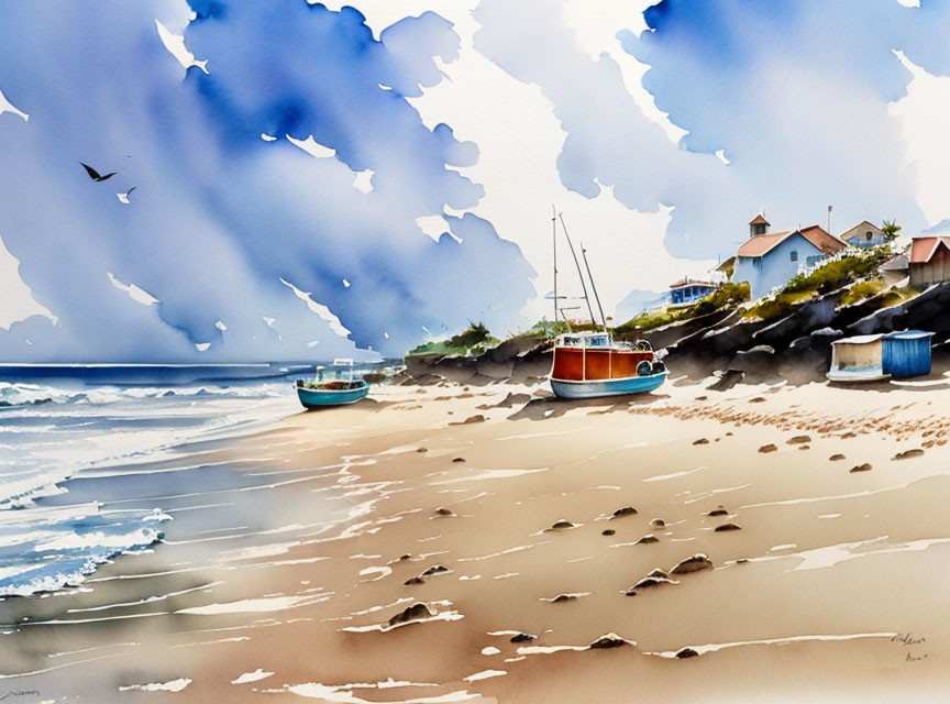 Tranquil beach scene with boats, footprints, houses, and birds