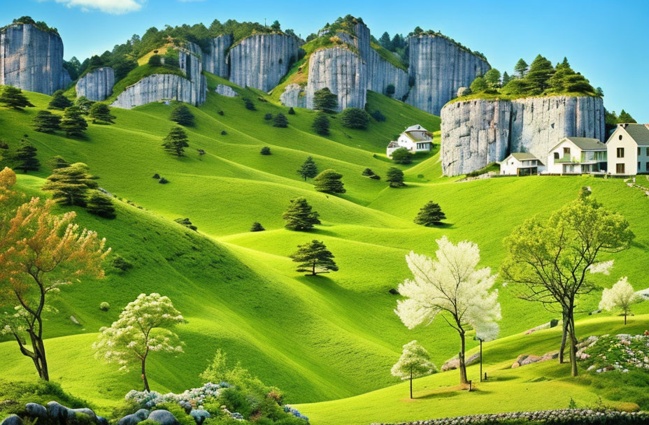 Scenic green hills, trees, white houses, cliffs under clear blue sky