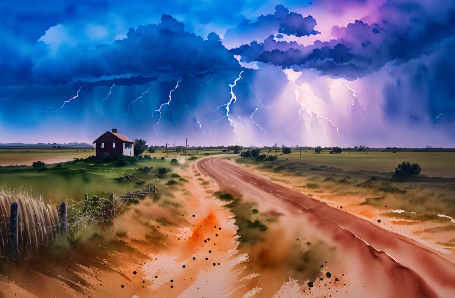 Detailed Countryside Scene with Red House and Stormy Sky