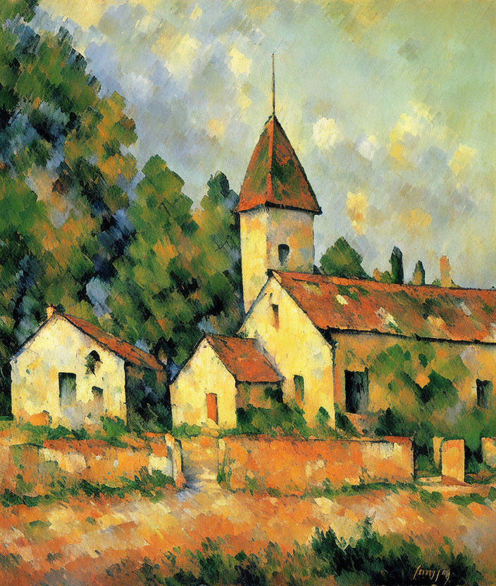 Impressionist Church Painting with Spire and Trees