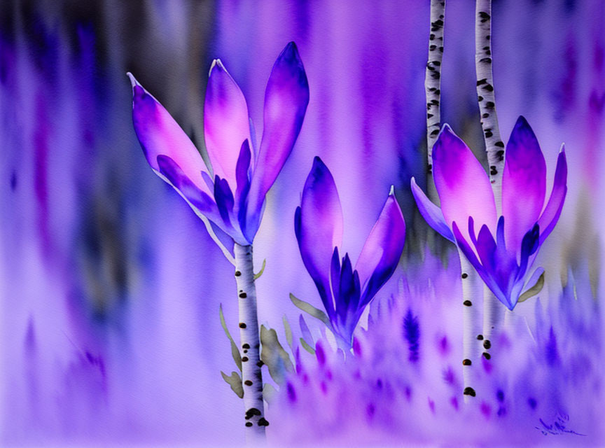 Vibrant purple crocus flowers beside slender birch trees on lavender background