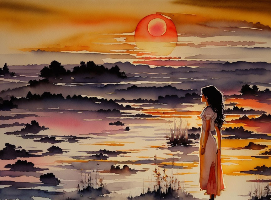 Woman in Dress Admiring Vibrant Sunset Over Water