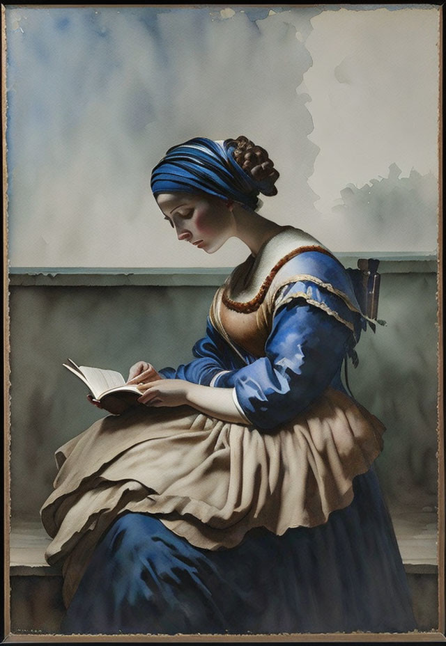 Historical woman in blue headscarf reads book with concentration