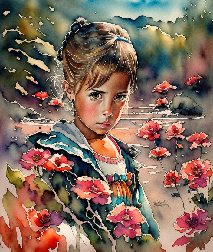 Vibrant painting of young girl surrounded by red flowers