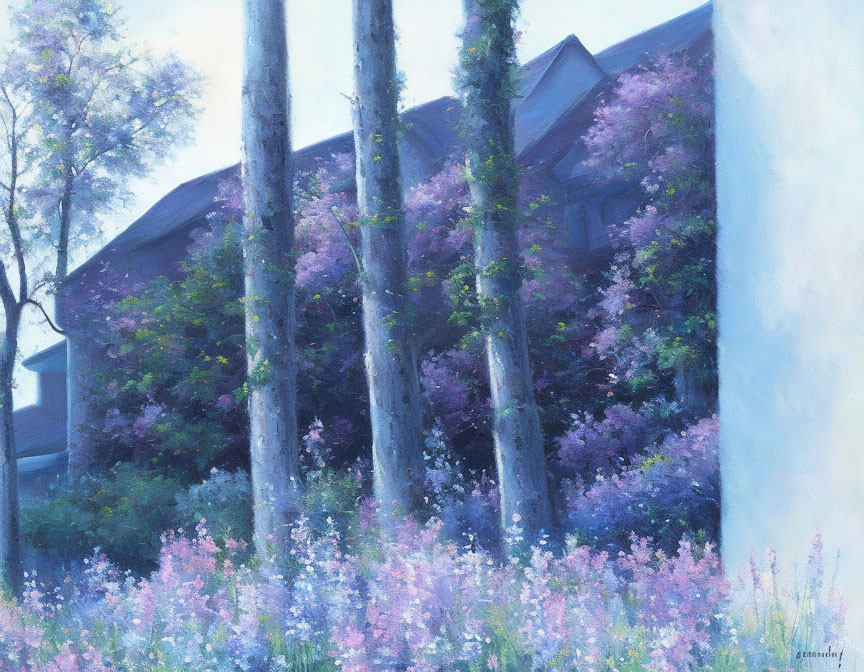 Tranquil painting of tall trees with purple blossoms and a house with blue-grey facade