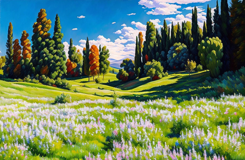 Colorful landscape with purple flowers, green hills, autumn trees