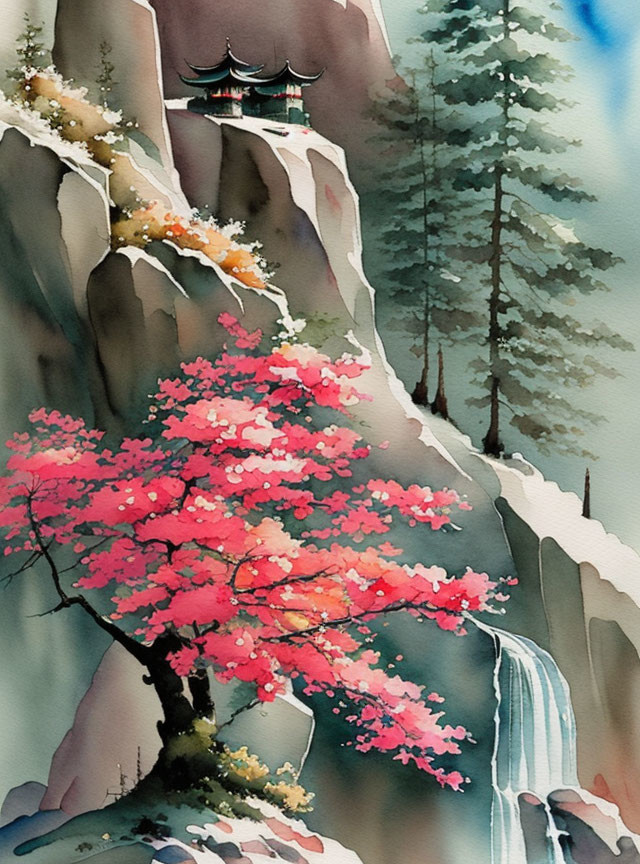 Vibrant pink cherry blossom with waterfall, pine trees, and pagoda in misty background