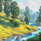 Impressionistic painting of lush landscape with stream & colorful trees