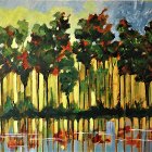 Impressionist style painting of lush autumn trees reflected in calm water