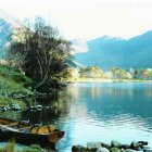 Tranquil landscape painting of serene lake with boats and lush greenery.