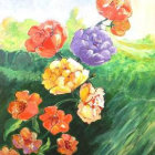 Vibrant Watercolor Painting of Colorful Flowers on Green Background