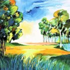 Vibrant Watercolor Landscape with Blooming Meadow and Luminous Sky