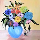 Colorful painting of blue vase with flowers, bird, and butterfly