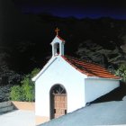 White Chapel Watercolor Painting: Red Roof, Wooden Door, Night Sky with Colorful Specks