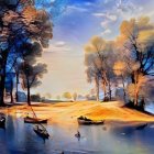 Serene lakeside scene with autumn trees in vibrant watercolor