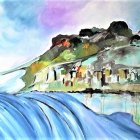 Colorful Watercolor Painting: Row of Houses by Water with Boat