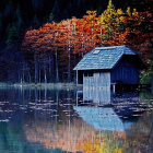 Traditional Asian pavilion by reflective lake at twilight with autumn foliage.