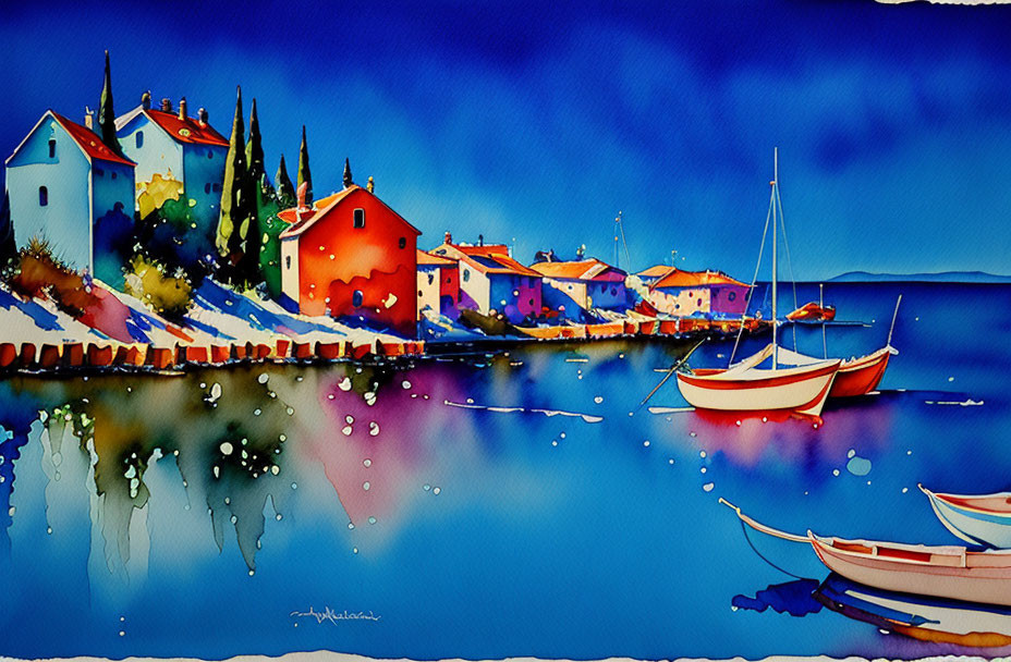 Colorful Watercolor Painting of Coastal Village and Boats