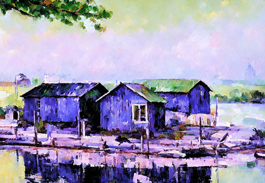 Impressionist-style painting of blue cabins by water with dock and boat