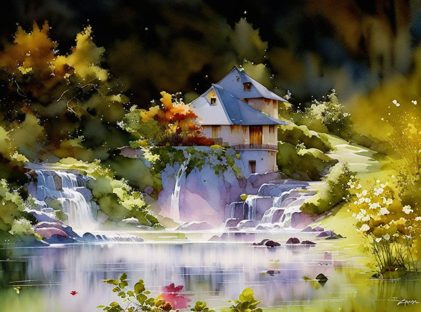 Tranquil watercolor painting of house on waterfall amid lush greenery