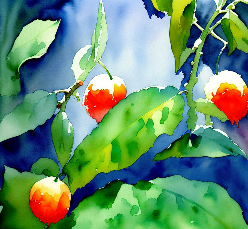 Vibrant watercolor painting of red and yellow apples on green branches against blue backdrop