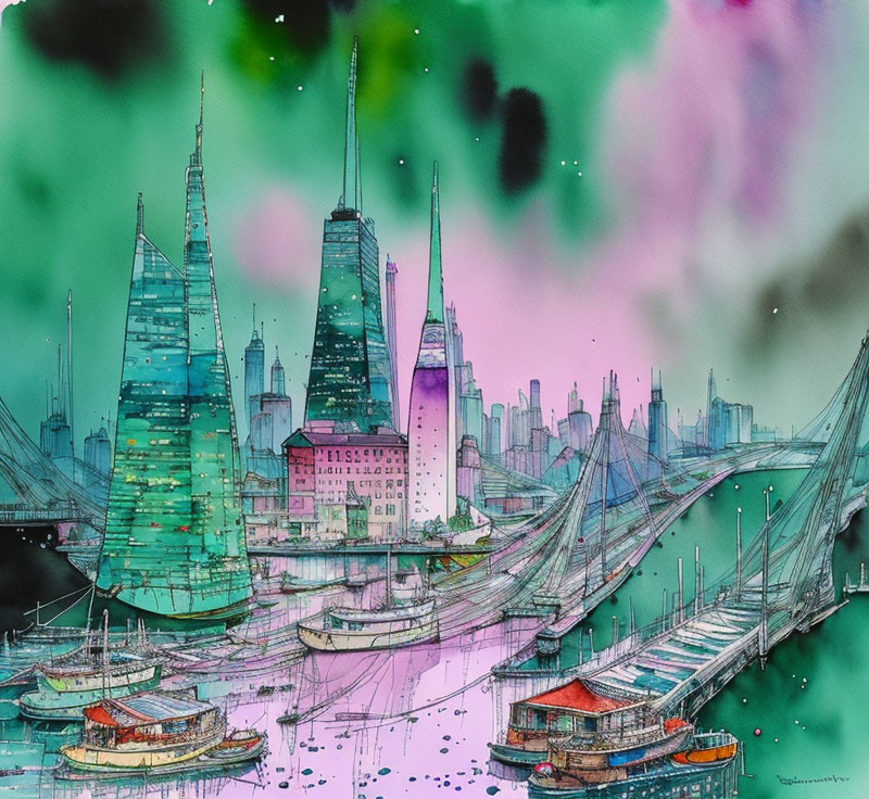 Vibrant watercolor cityscape with skyscrapers, river, boats, bridge, and abstract