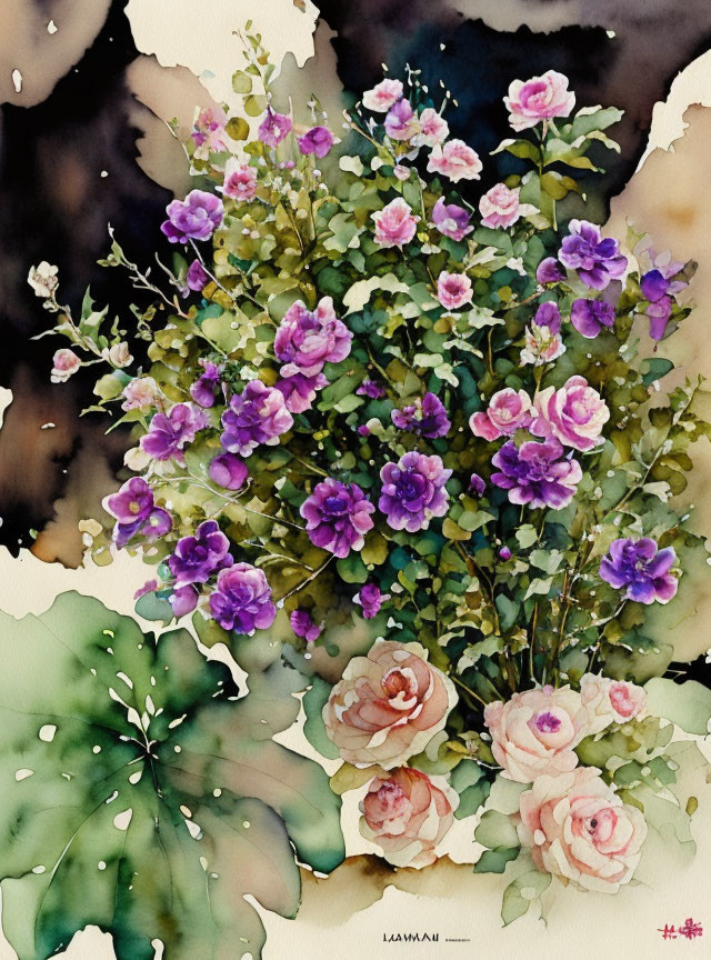 Lush Garden Watercolor Painting with Pink and Purple Roses