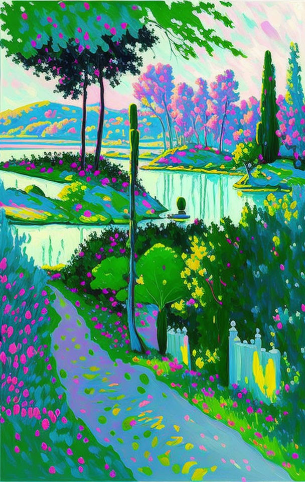 Colorful Landscape Painting: Flowering Pathway, Trees, Waterfalls