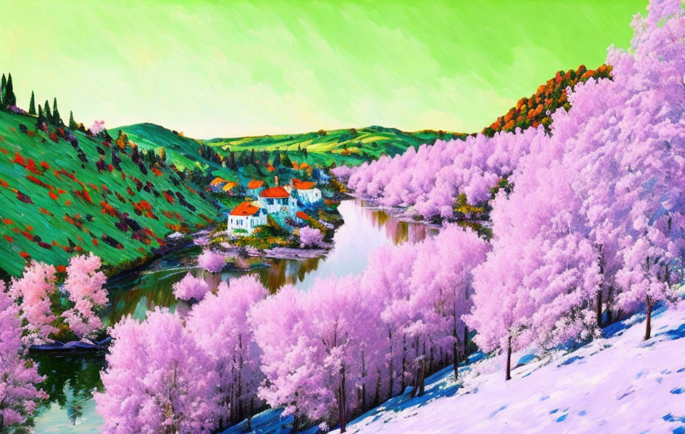 Scenic village painting with river, hills, and pink trees